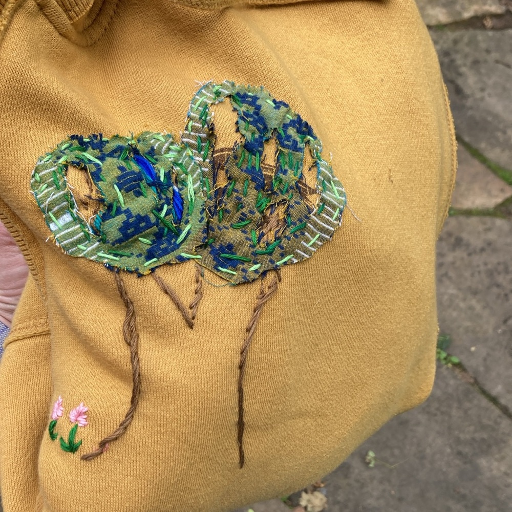 Upcycled Repurposed hooded sweatshirt with appliqué and embroidery - Picture 15 of 16